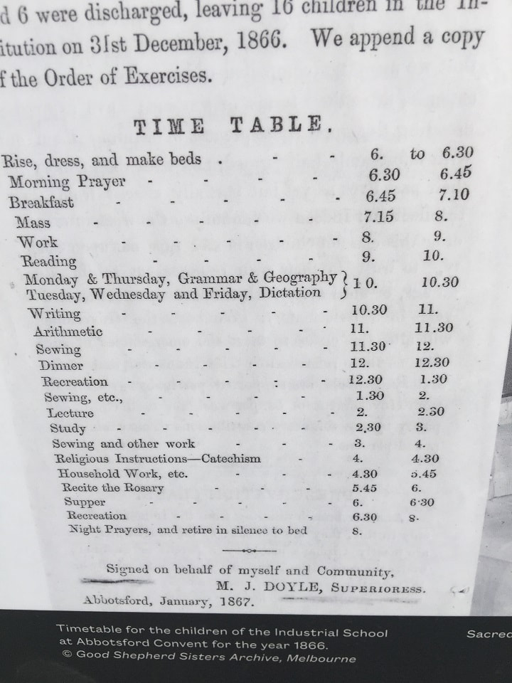  Timetable for orphans at Abbotsford Convent