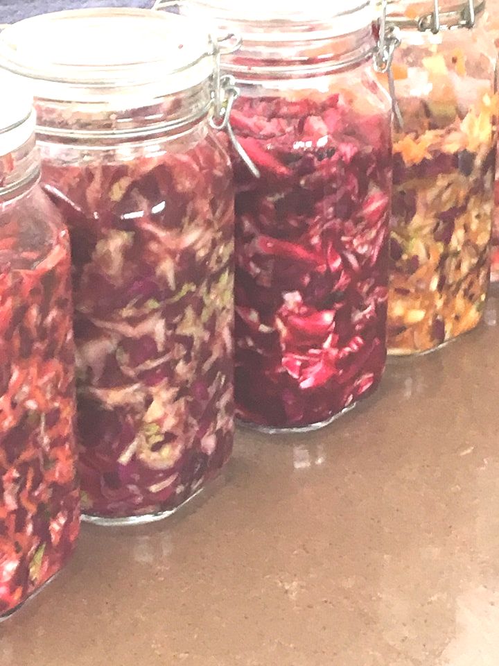 Four big glass jars with cut up vegetables including purple and green cabbage